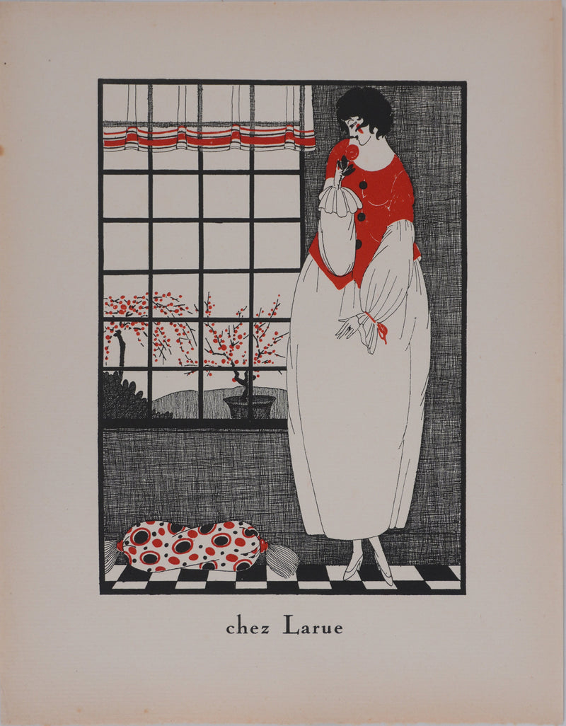Ecole XXème : Larue, Vue sur le jardin, Lithographie
