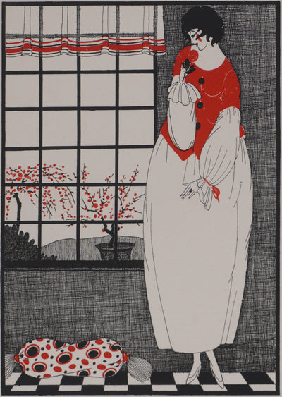 Ecole XXème : Larue, Vue sur le jardin, Lithographie
