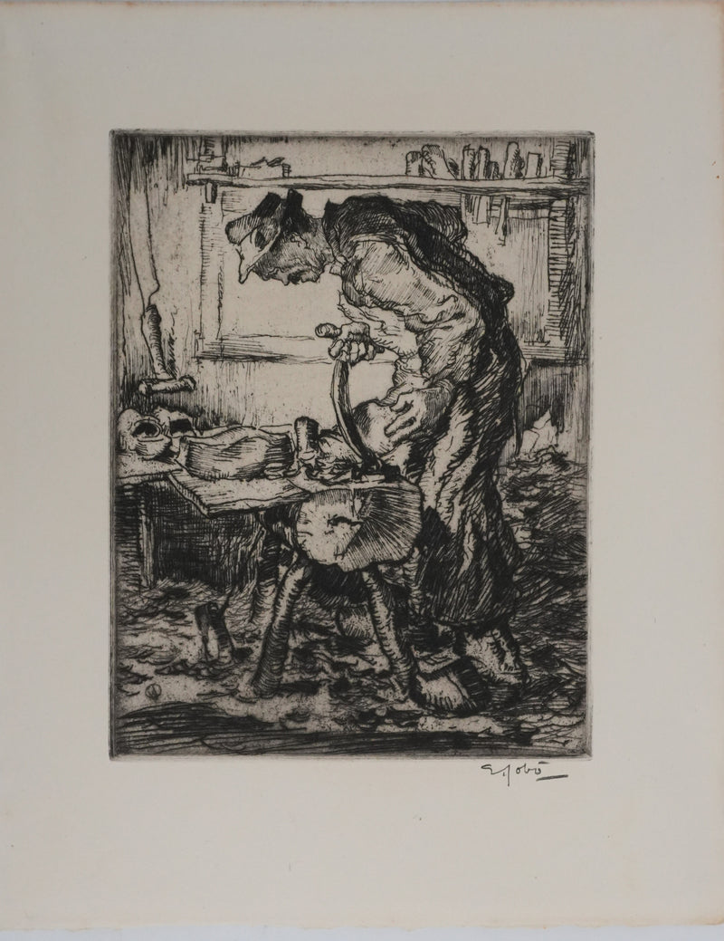 Georges GOBO : Le sabotier, Gravure originale signée