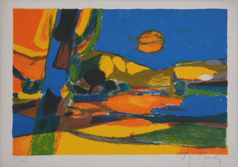Marcel MOULY : Champs au coucher de soleil, Lithographie originale signée