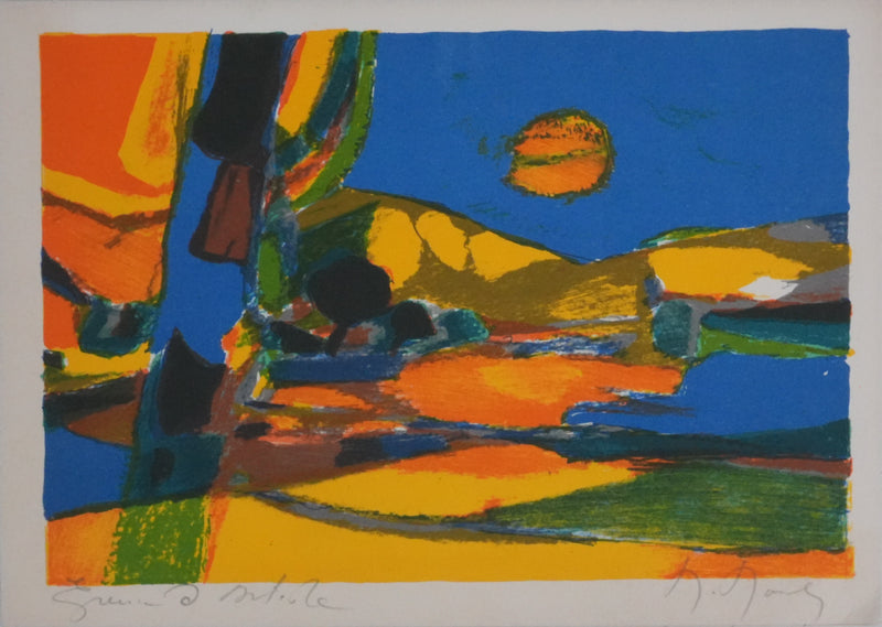 Marcel MOULY : Champs au coucher de soleil (E.A.), Lithographie originale signée