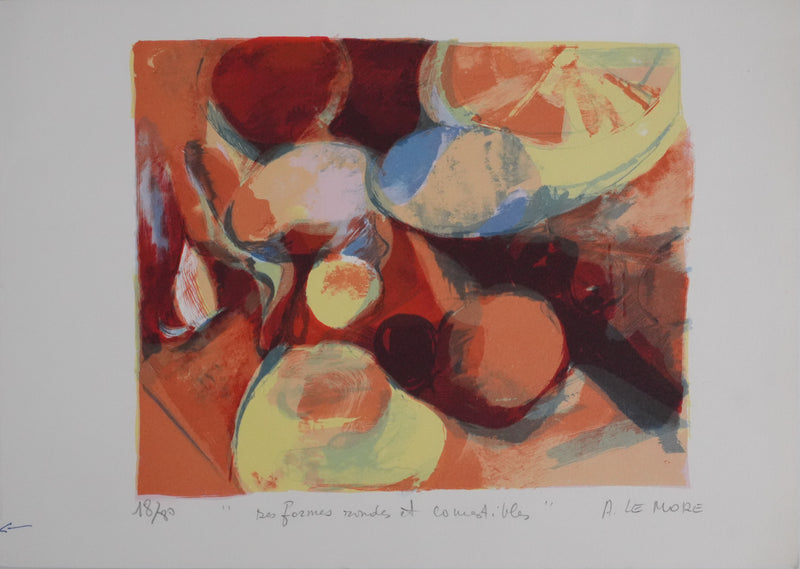 Arlette LE MORE : Nature morte aux fruits, Lithographie originale signée