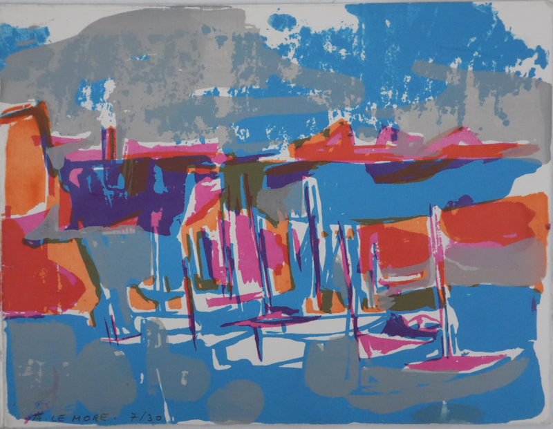 Arlette LE MORE : Les bateaux à quais, Sérigraphie originale signée