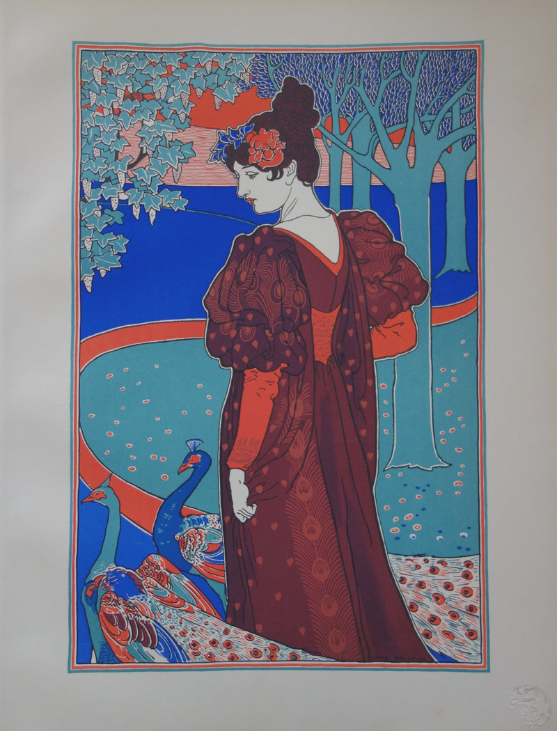 Louis John RHEAD : Femme au paon, Lithographie originale signée