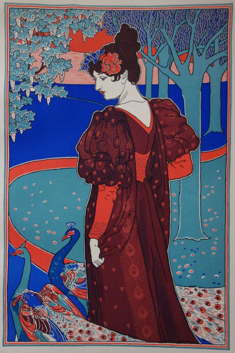 Louis John RHEAD : Femme au paon, Lithographie originale signée