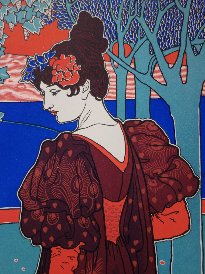 Louis John RHEAD : Femme au paon, Lithographie originale signée