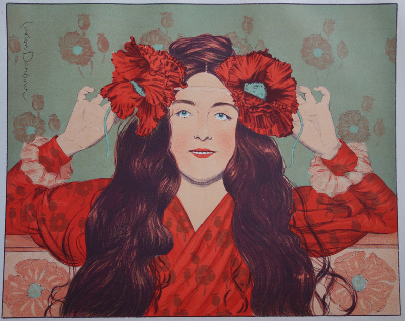 Gaston DARBOUR : Jeune fille aux coquelicots, Lithographie originale signée