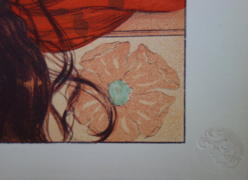 Gaston DARBOUR : Jeune fille aux coquelicots, Lithographie originale signée