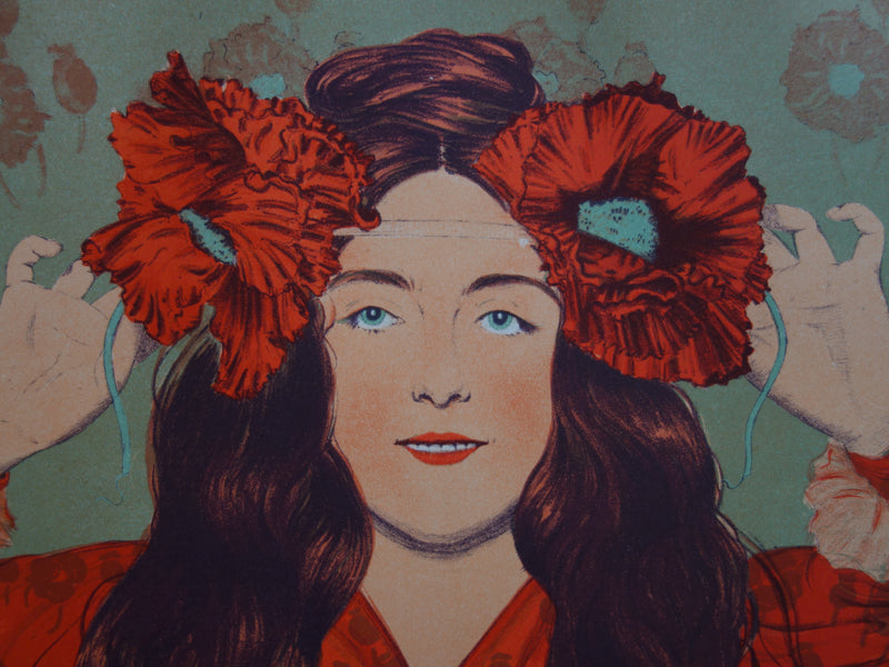 Gaston DARBOUR : Jeune fille aux coquelicots, Lithographie originale signée