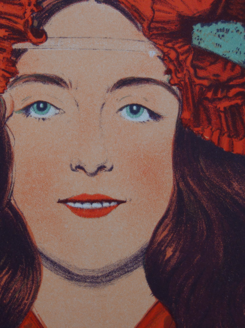 Gaston DARBOUR : Jeune fille aux coquelicots, Lithographie originale signée
