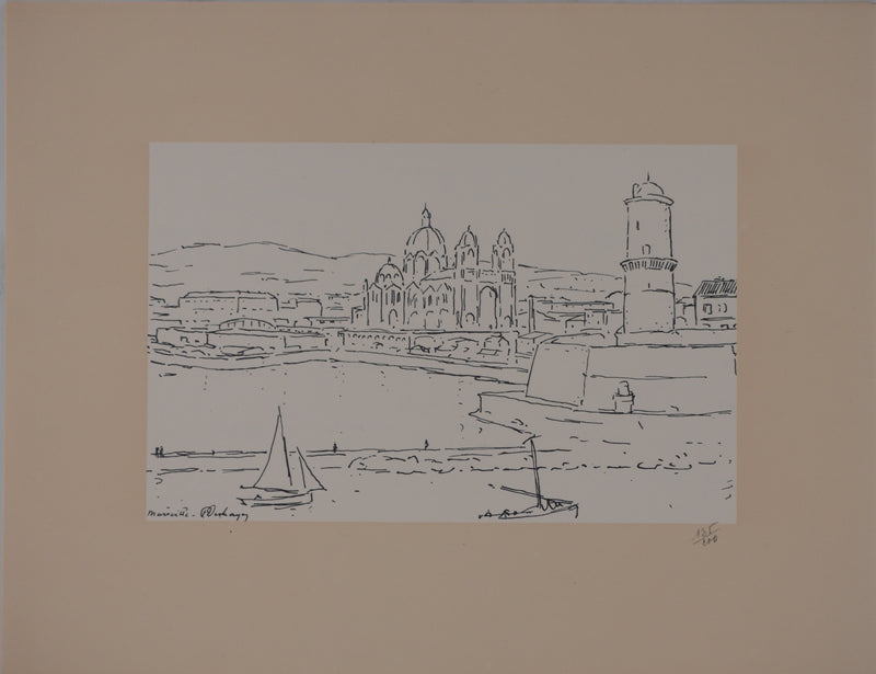 Frédéric DESHAYES : Provence, Marseille vue la cathédrale, Lithographie originale signée