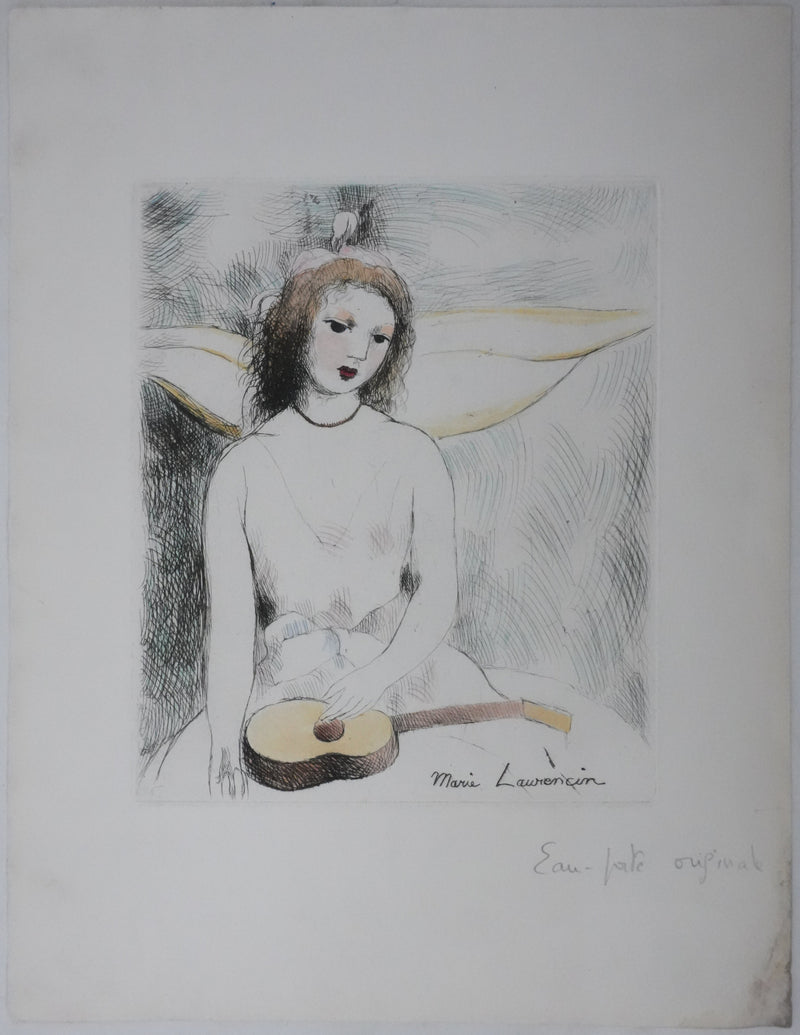 Marie LAURENCIN : Jeune fille à la guitare (état coloré), Gravure originale signée