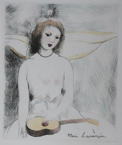 Marie LAURENCIN : Jeune fille à la guitare (état coloré), Gravure originale signée