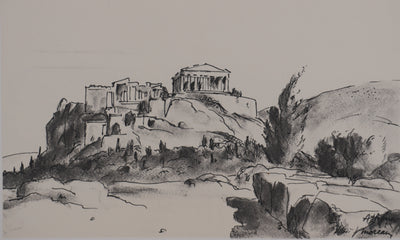 Jean MOREAU : Grèce, Vue sur l'Acropole d'Athènes, Lithographie originale signée