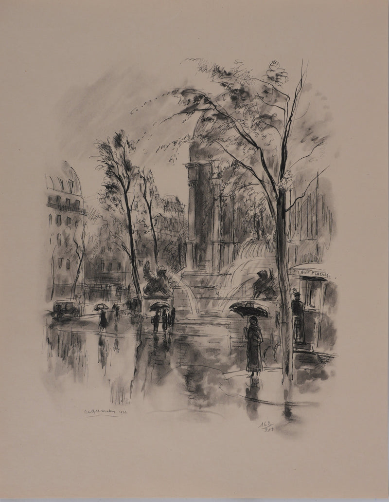 Berthold MAHN : Quartier Latin, La fontaine Saint-Michel, Héliogravure signée