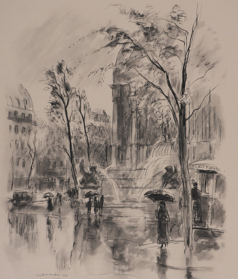 Berthold MAHN : Quartier Latin, La fontaine Saint-Michel, Héliogravure signée