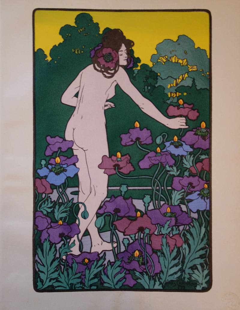 Hans CHRISTIANSEN : Nu dans un champ de coquelicots, Lithographie originale signée