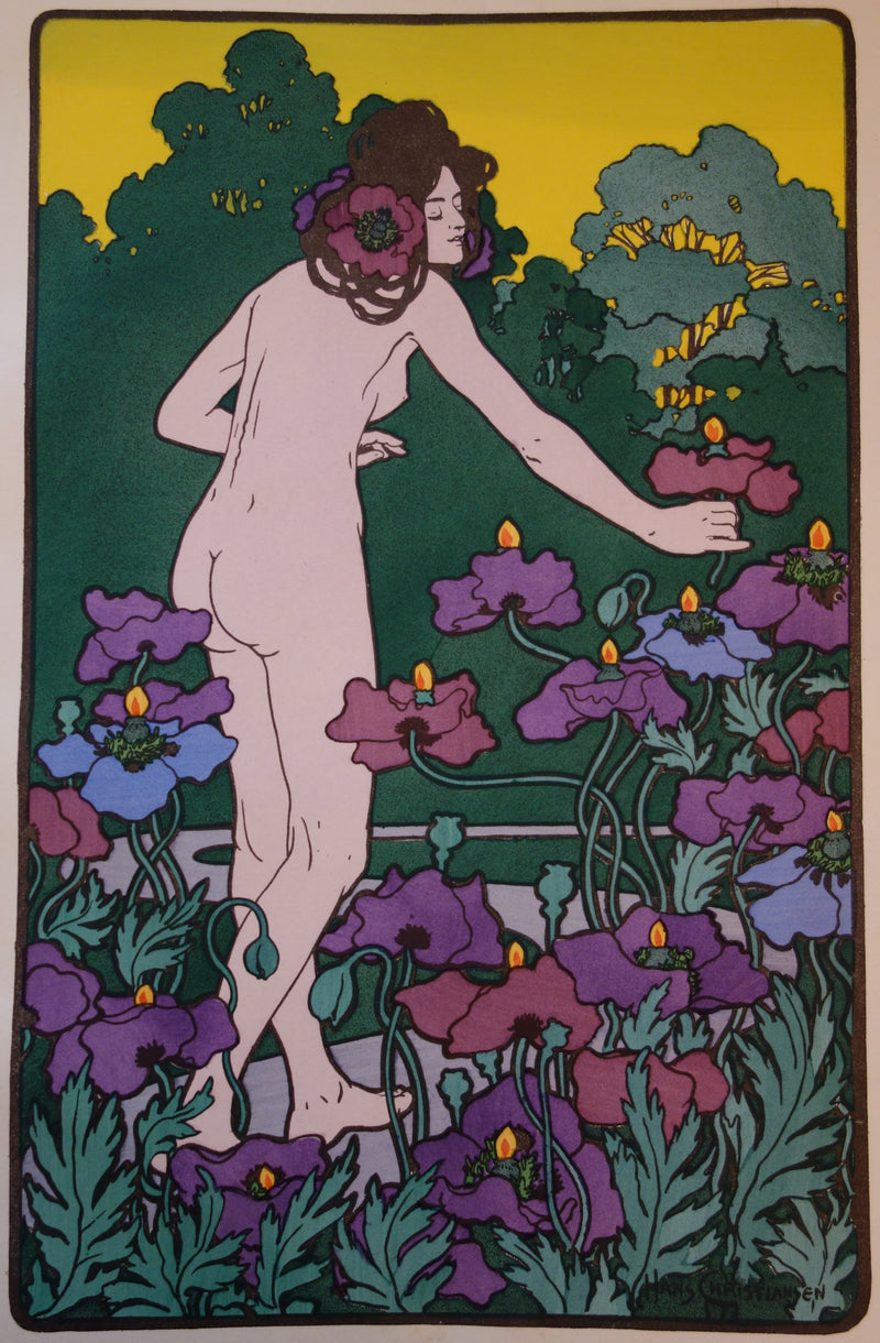 Hans CHRISTIANSEN : Nu dans un champ de coquelicots, Lithographie originale signée