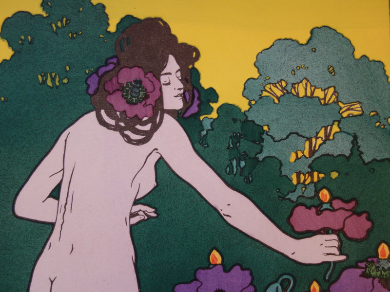 Hans CHRISTIANSEN : Nu dans un champ de coquelicots, Lithographie originale signée