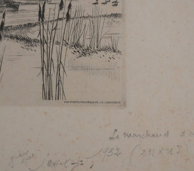 Jean-Emile LABOUREUR : Le marchand d'anguilles, Gravure originale signée