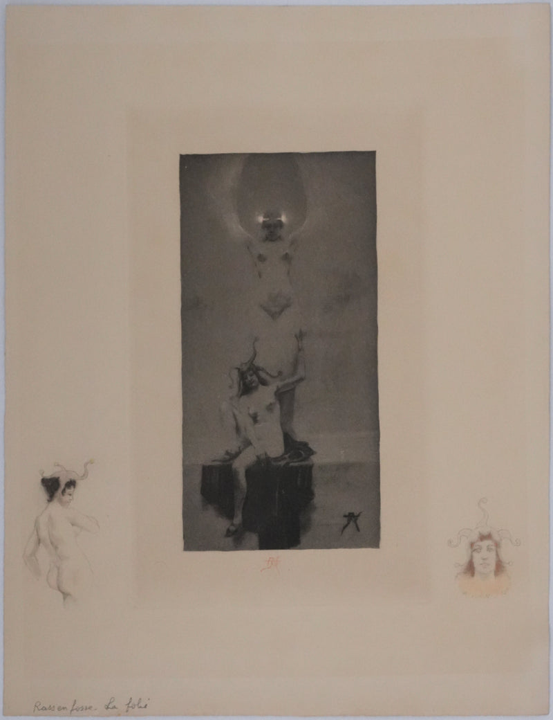 Armand RASSENFOSSE : La folie gardant la chimère, Gravure originale signée