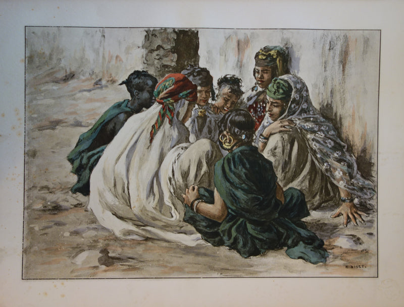 Etienne DINET : Algérie, Jeunes filles jouant à Laghouat, Lithographie originale signée