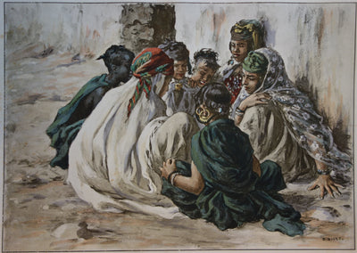 Etienne DINET : Algérie, Jeunes filles jouant à Laghouat, Lithographie originale signée