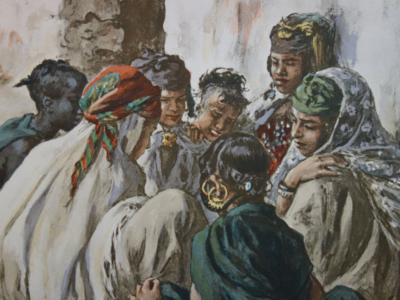 Etienne DINET : Algérie, Jeunes filles jouant à Laghouat, Lithographie originale signée