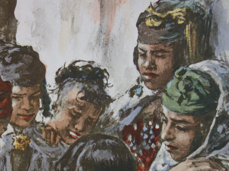 Etienne DINET : Algérie, Jeunes filles jouant à Laghouat, Lithographie originale signée
