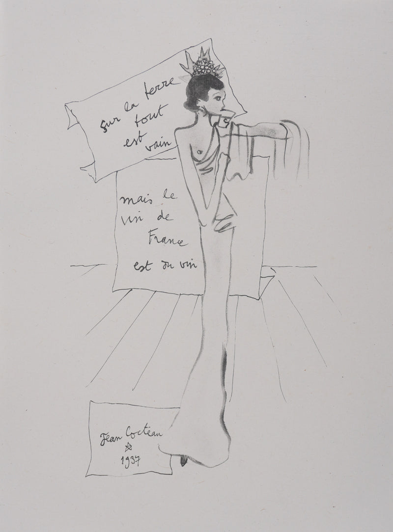 Jean COCTEAU : Bacchante au chapeau à fruit (noir), Gravure originale signée