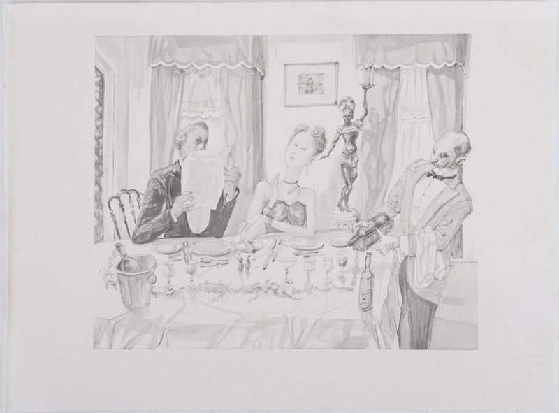 Léonard Tsuguharu FOUJITA : Le diner mondain (noir), Lithographie originale