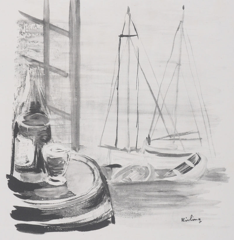 Moïse KISLING : Le port de Cannes (noir), Lithographie originale signée