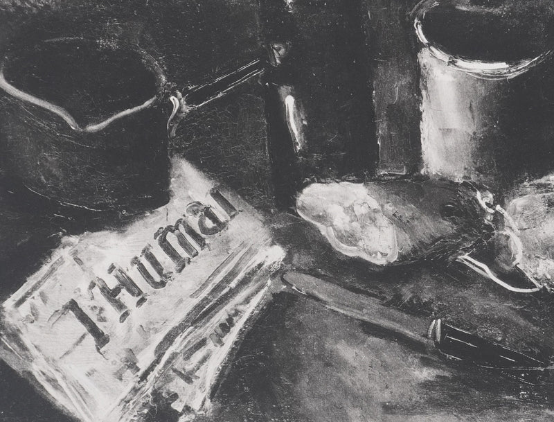Maurice DE VLAMINCK : Nature morte au journal (noir), Gravure originale signée