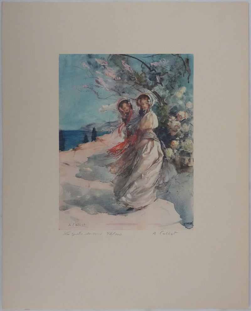 Antoine CALBET : Deux femmes en bords de mer, Lithographie originale signée