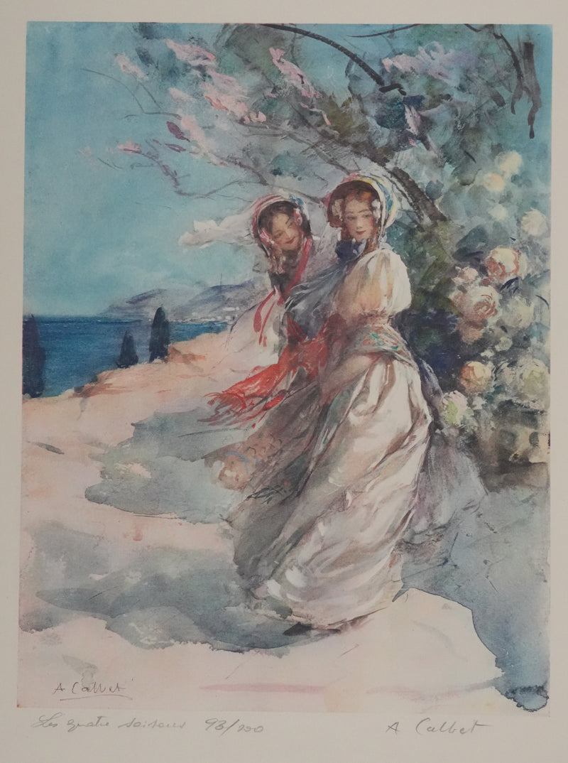 Antoine CALBET : Deux femmes en bords de mer, Lithographie originale signée