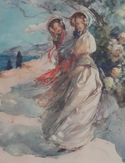 Antoine CALBET : Deux femmes en bords de mer, Lithographie originale signée