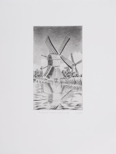 Camille COMBE : Kinderdijk, le moulin au bord de l'eau, Gravure originale signée