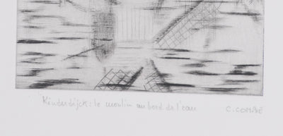 Camille COMBE : Kinderdijk, le moulin au bord de l'eau, Gravure originale signée