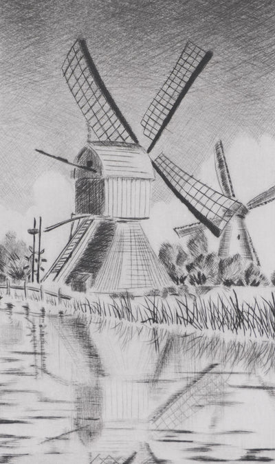 Camille COMBE : Kinderdijk, le moulin au bord de l'eau, Gravure originale signée
