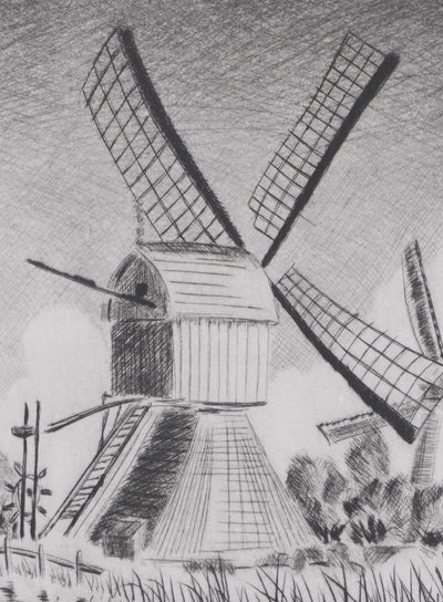 Camille COMBE : Kinderdijk, le moulin au bord de l'eau, Gravure originale signée