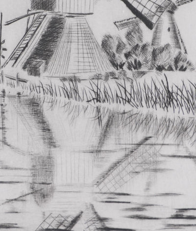 Camille COMBE : Kinderdijk, le moulin au bord de l'eau, Gravure originale signée