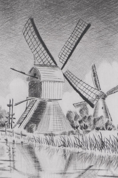 Camille COMBE : Kinderdijk, le moulin au bord de l'eau, Gravure originale signée