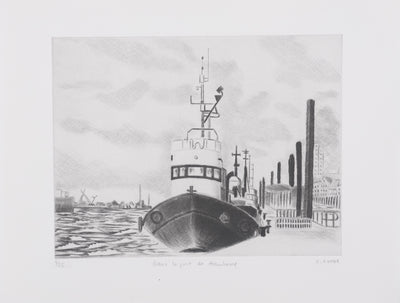 Camille COMBE : Dans le port de Hambourg, Gravure originale signée