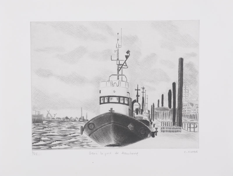 Camille COMBE : Dans le port de Hambourg, Gravure originale signée
