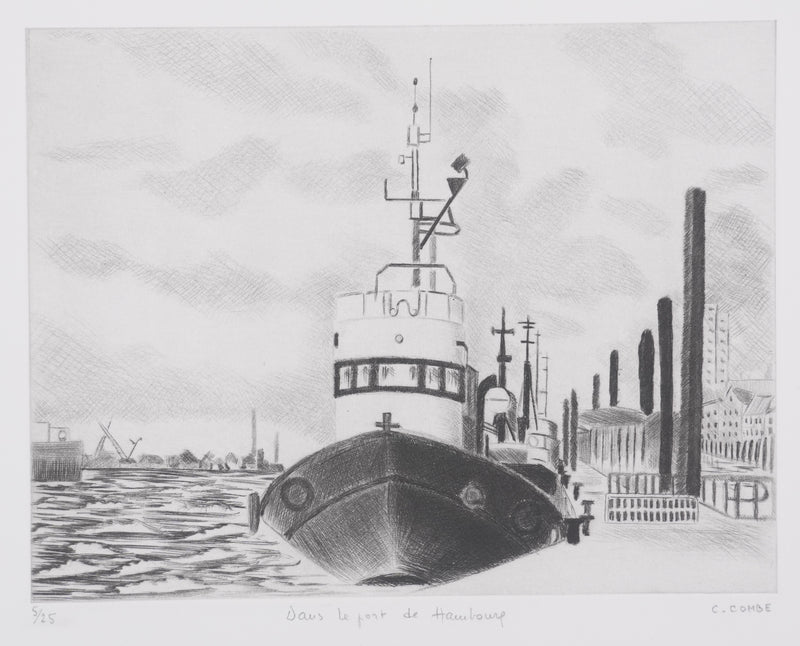 Camille COMBE : Dans le port de Hambourg, Gravure originale signée