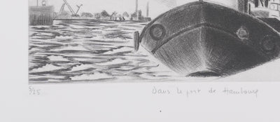 Camille COMBE : Dans le port de Hambourg, Gravure originale signée