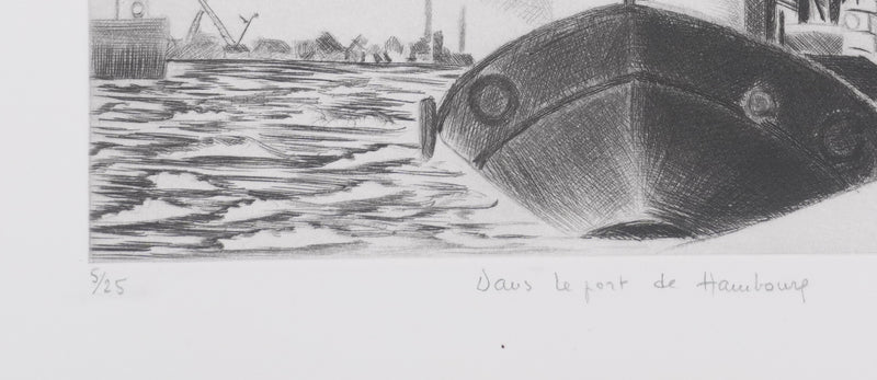 Camille COMBE : Dans le port de Hambourg, Gravure originale signée
