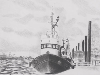 Camille COMBE : Dans le port de Hambourg, Gravure originale signée