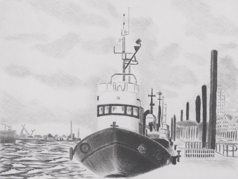 Camille COMBE : Dans le port de Hambourg, Gravure originale signée