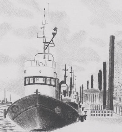Camille COMBE : Dans le port de Hambourg, Gravure originale signée